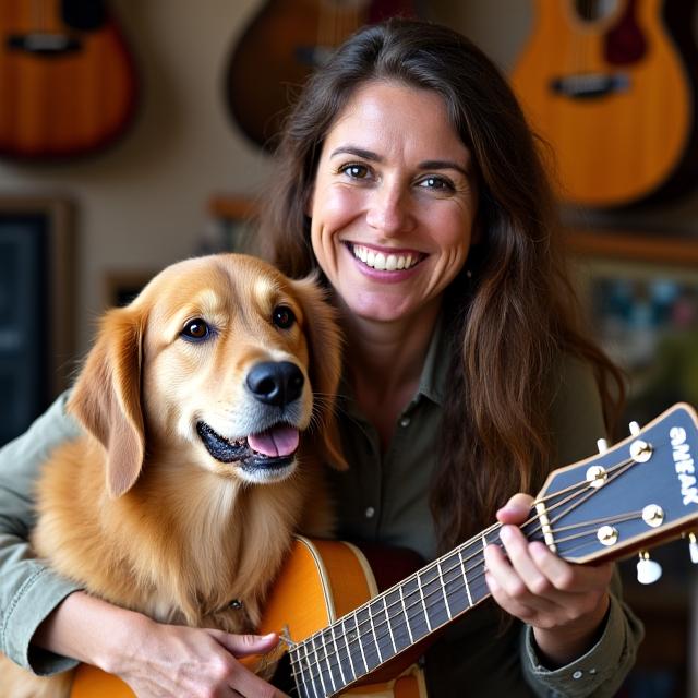 The owner of Rhythm Rovers smiling, holding a guitar in one arm and petting a Golden Retriever with the other.