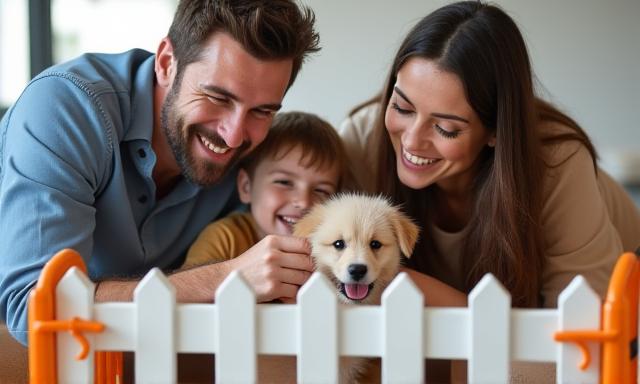 A family smiling as they play with a small puppy in a playpen during an adoption event.