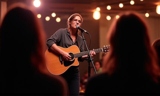 A person playing an acoustic guitar and singing into a microphone in front of a small, appreciative audience.