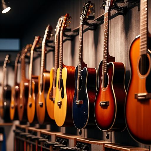 A beautifully lit wall of acoustic and electric guitars at Rhythm Rovers.