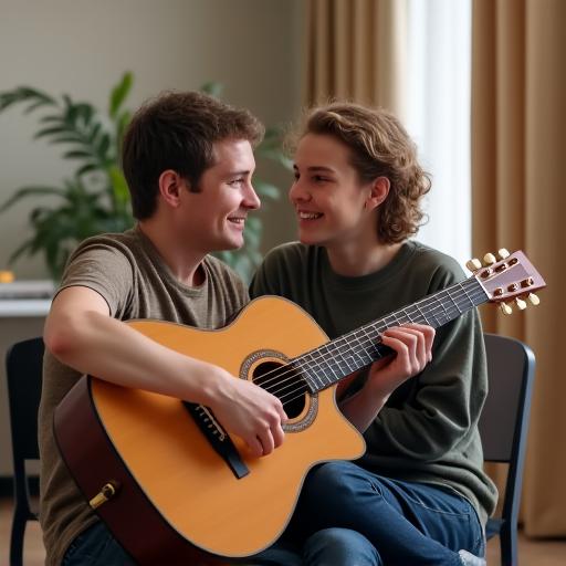 A friendly instructor showing a young student a chord on a guitar in a private lesson room.