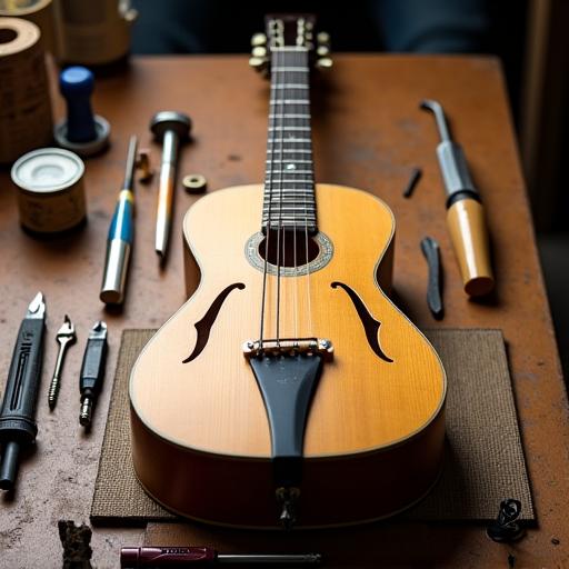 A detailed shot of a guitar on a luthier's workbench, with tools for repair and maintenance laid out neatly.