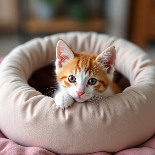 A playful kitten peering out from a comfortable pet bed in the store.