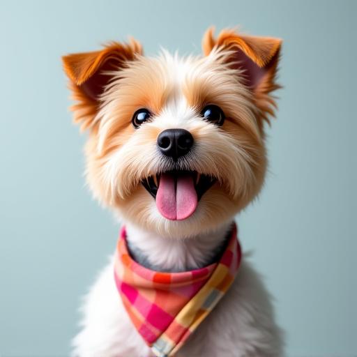 A happy, freshly groomed terrier wearing a small bandana.
