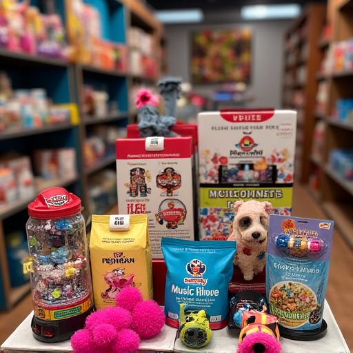 A colorful display of unique, music-themed pet toys and premium bags of dog food.